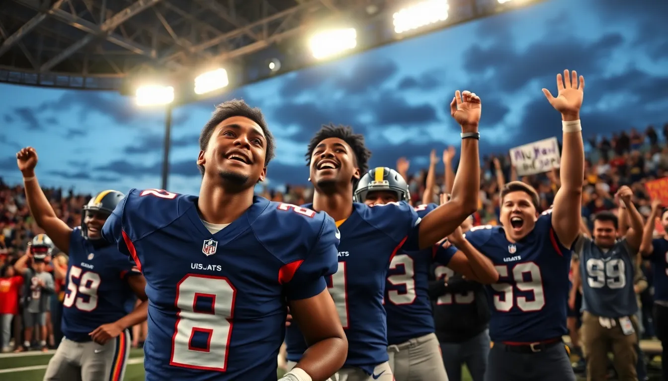 an underdog team celebrating an unexpected sports victory in a packed arena.
