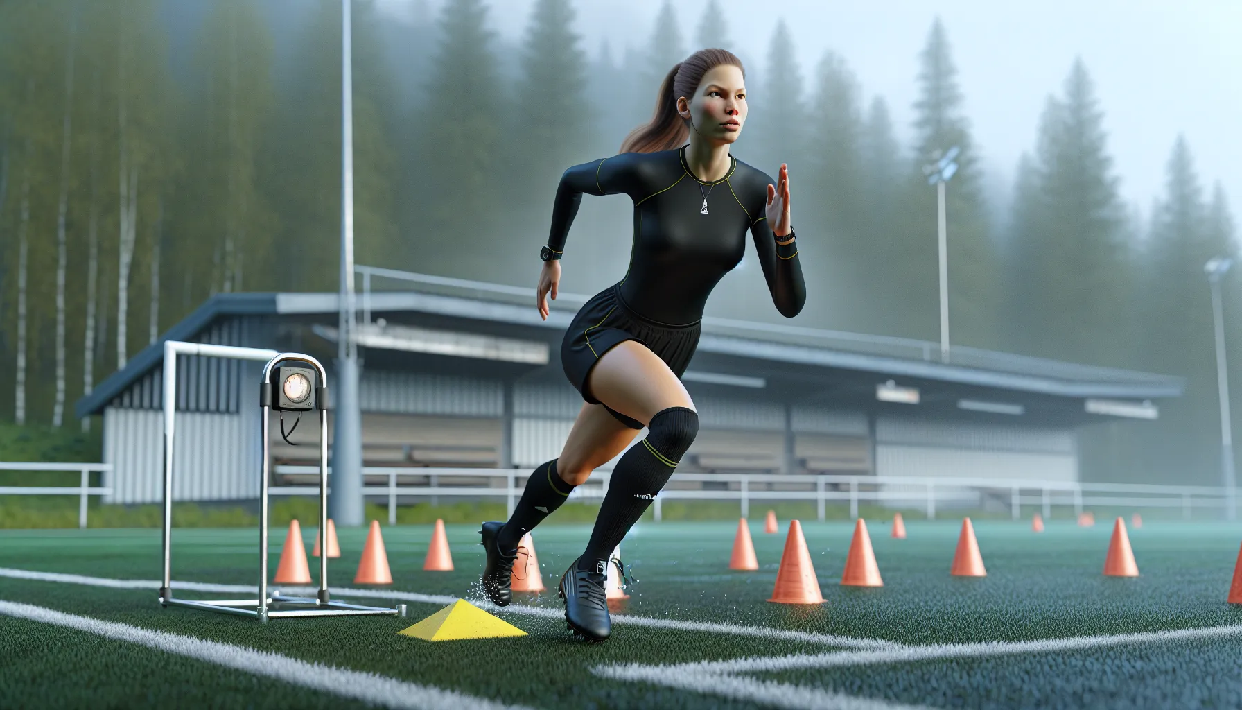 Norwegian football referee sprinting past cones during agility training at dusk.