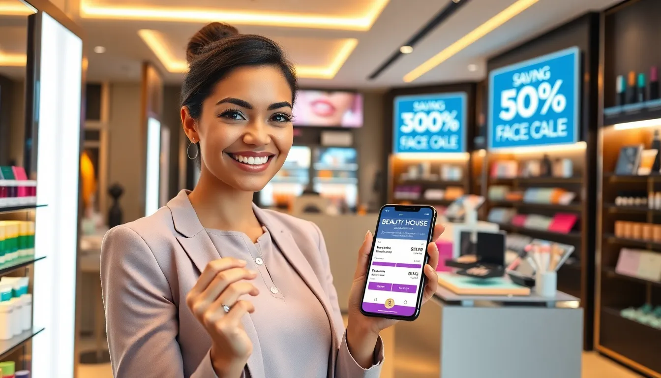 woman displaying a beauty house discount code in a stylish retail store.