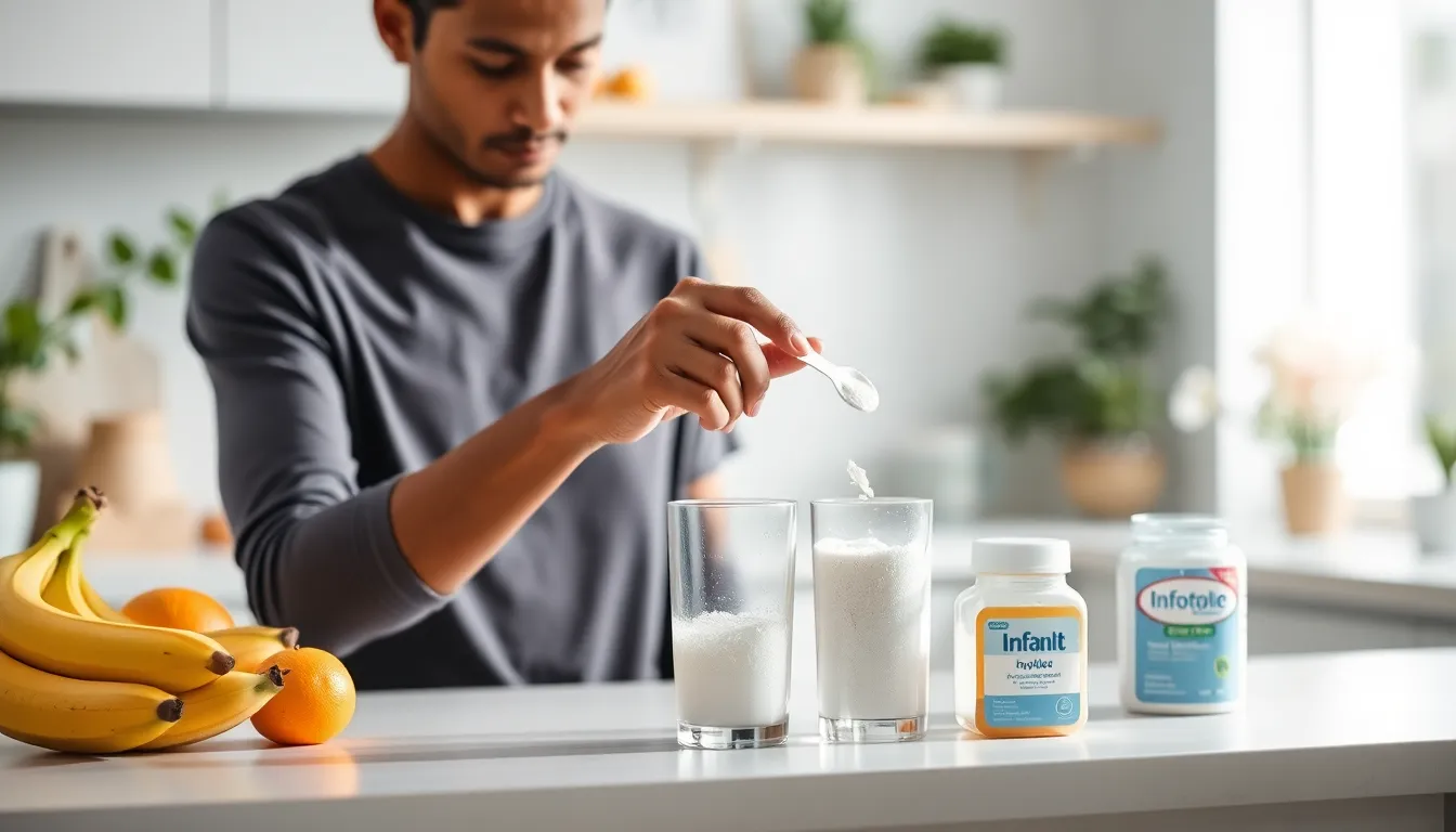 caregiver preparing an electrolyte solution in a modern kitchen.
