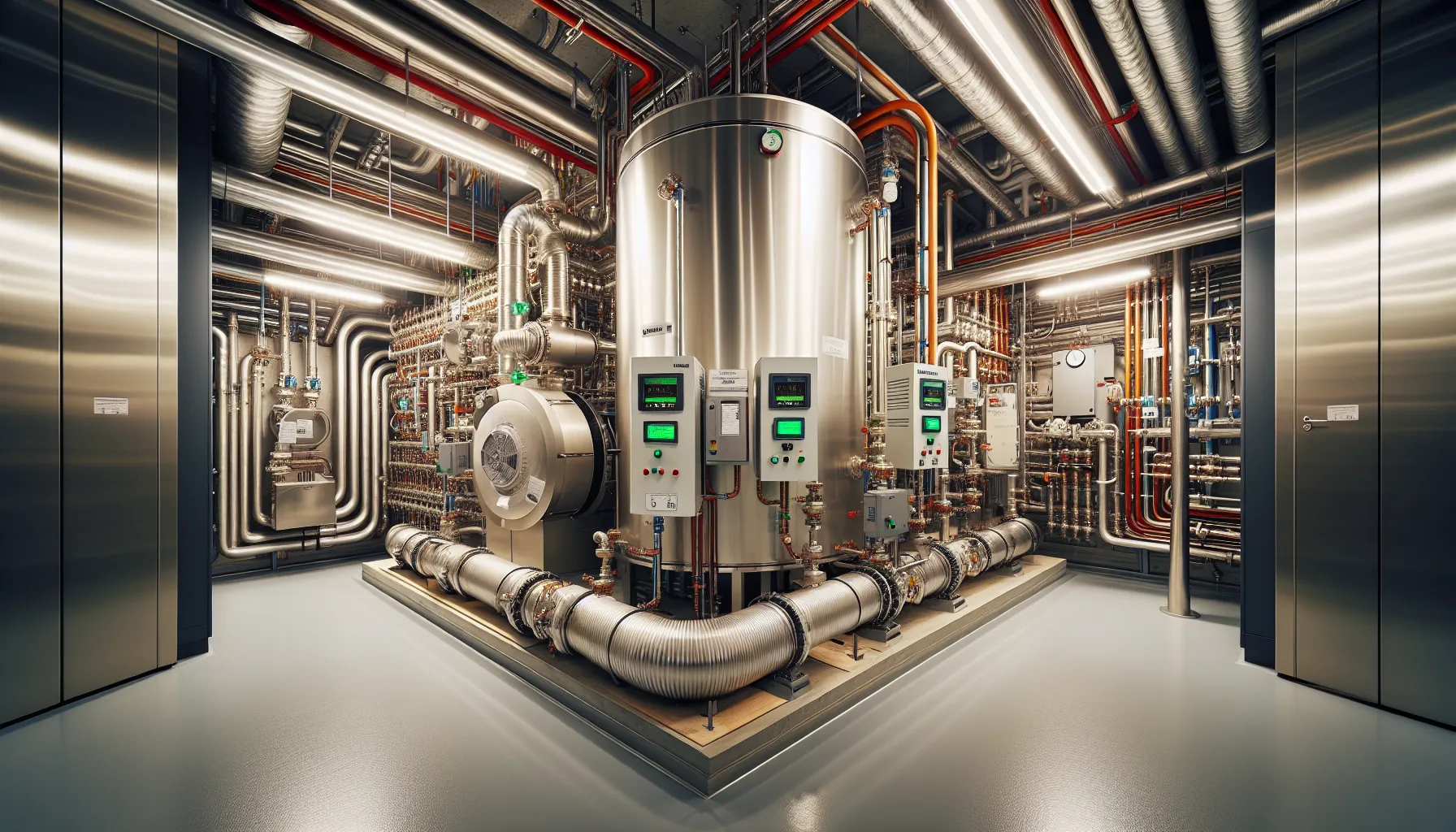 Modern norwegian mechanical room with plate heat exchanger, vfd pumps, and expansion tank.