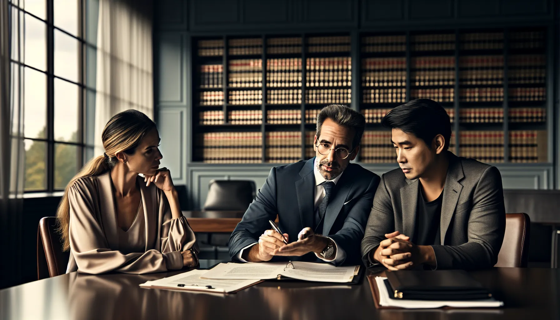 Croatian lawyer consulting with couple about divorce documents in modern office