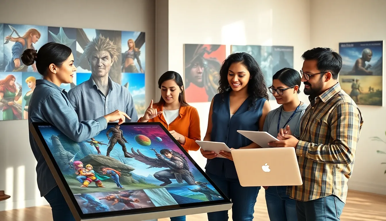 diverse team collaborating on PS1 RPG game designs in a modern studio.