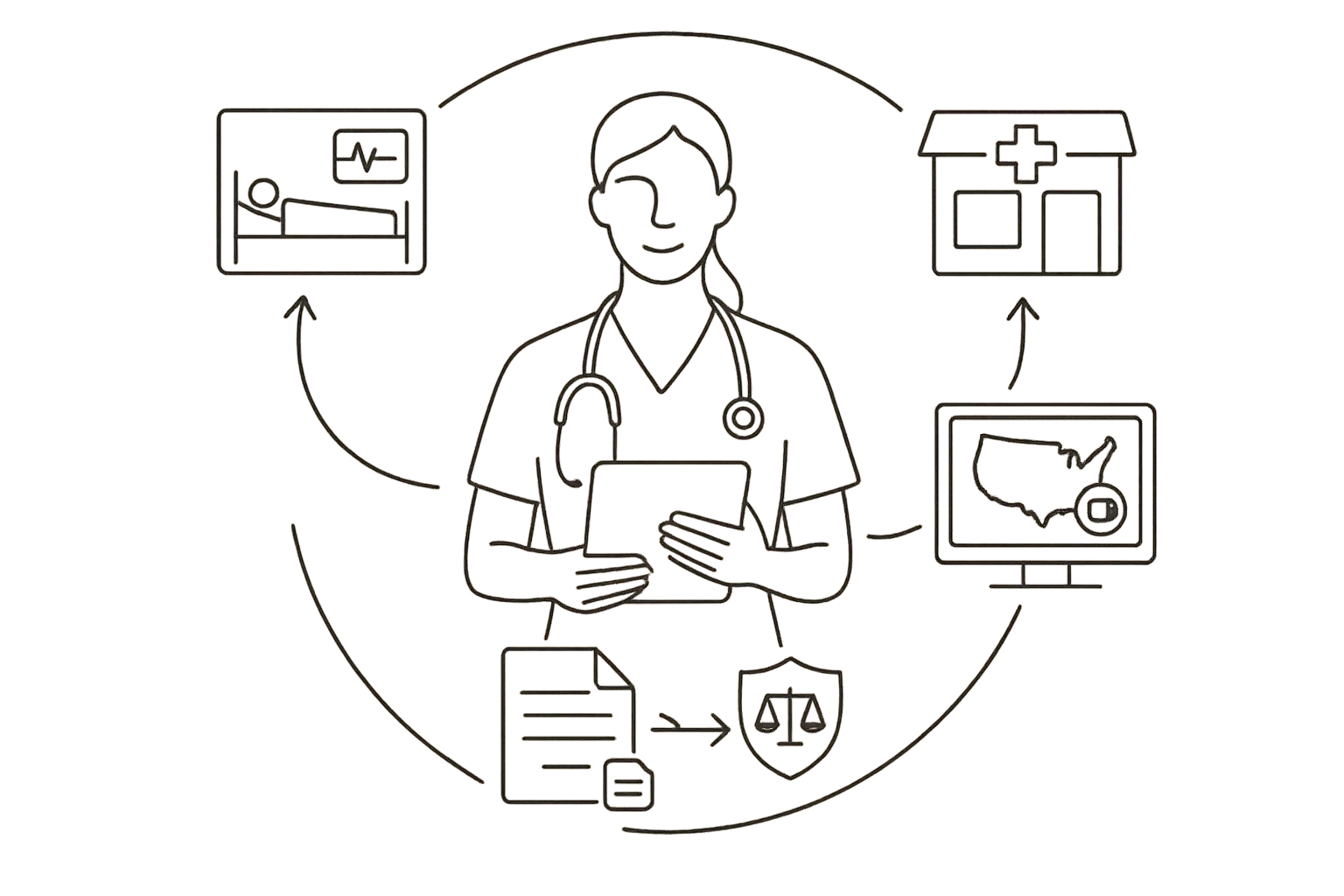 Nurse practitioner linked by arrows to hospital, clinic, and telehealth with contract icon.