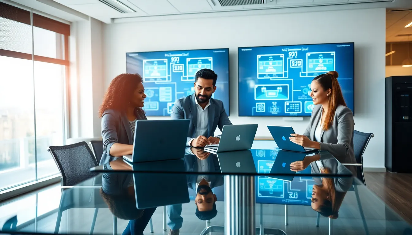 diverse team collaborating on virtualization cloud computing in a modern office.