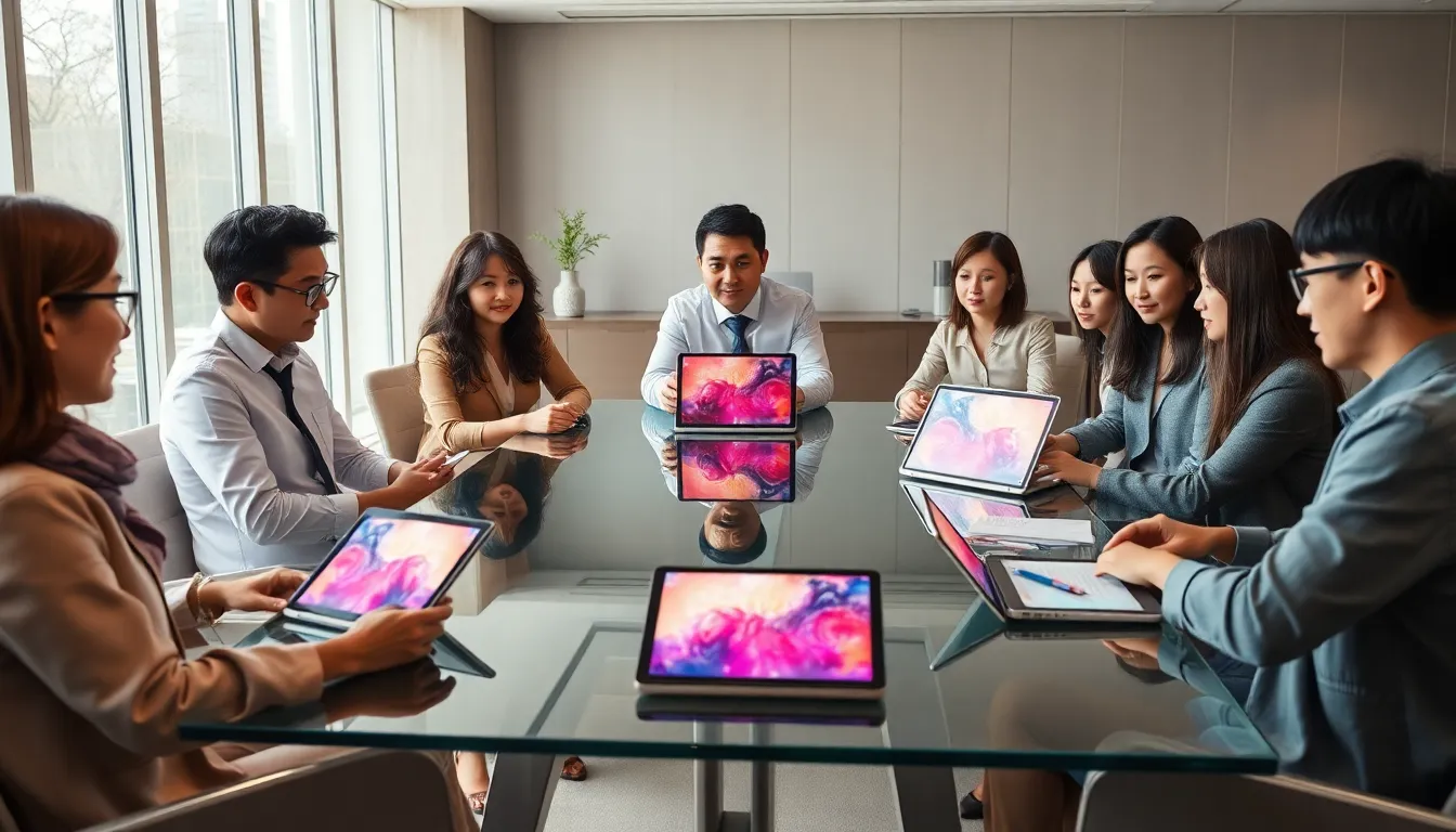 diverse professionals discussing media evolution in a modern office.
