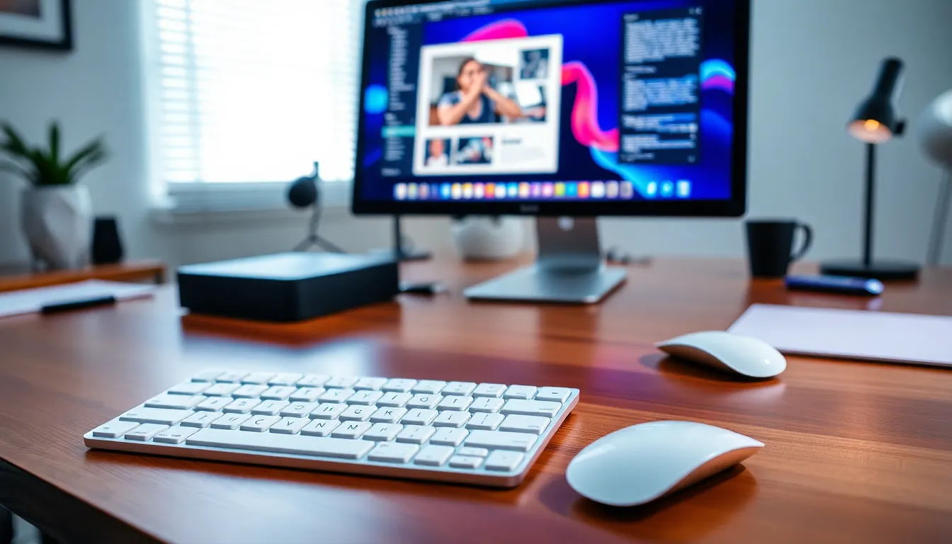 modern Apple workspace with keyboard, mouse, and Pro Display.