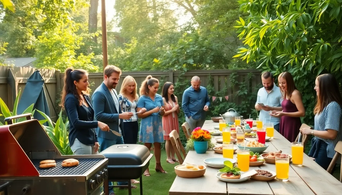 diverse group enjoying a budget-friendly backyard event with homemade dishes.
