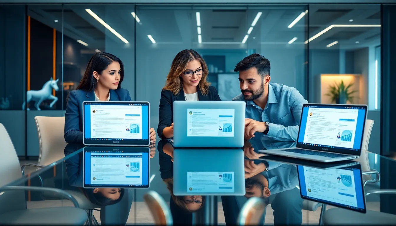 diverse professionals discussing email strategies in a gaming office.