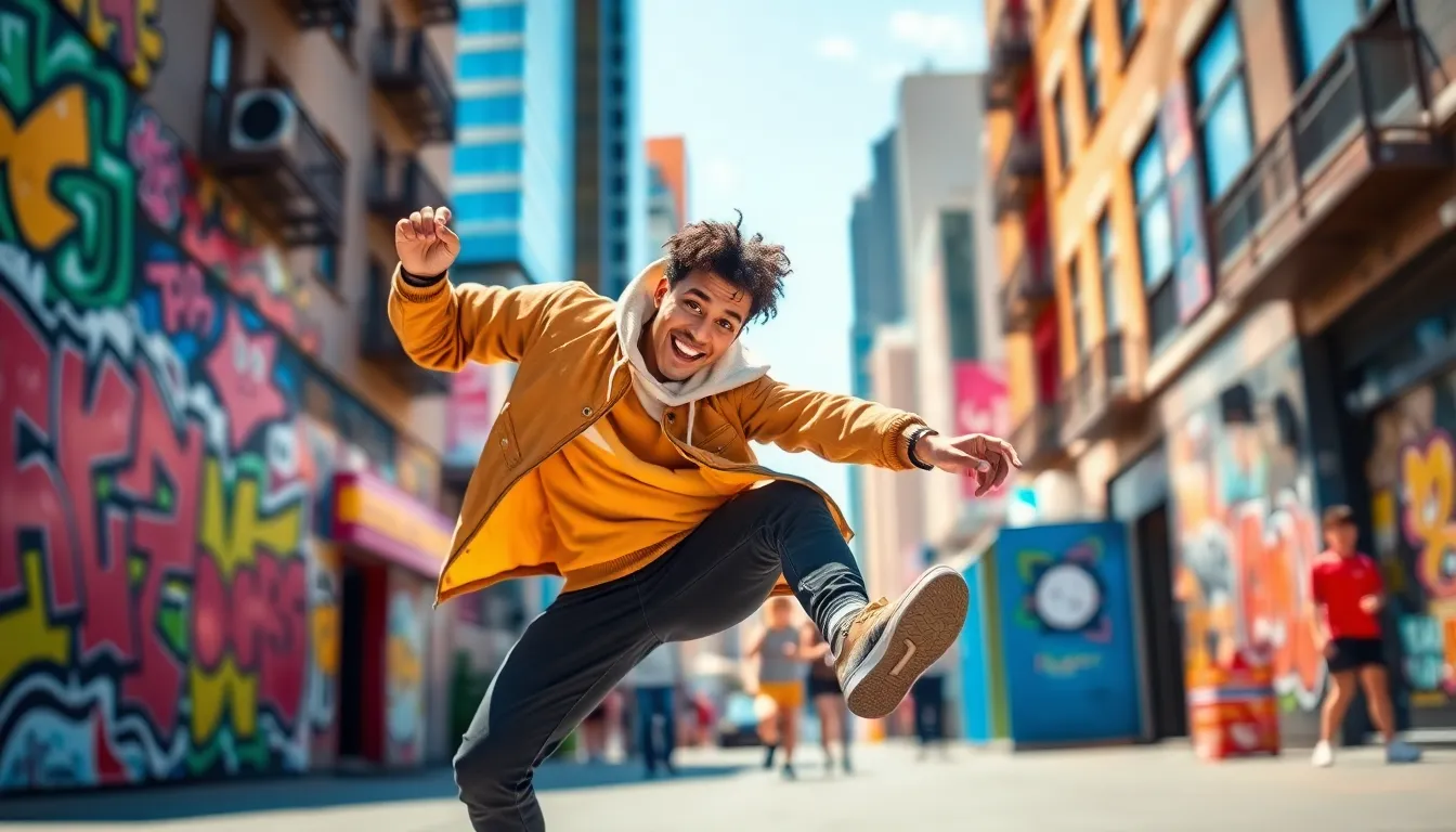 young dancer in urban setting showcasing energetic dance moves.