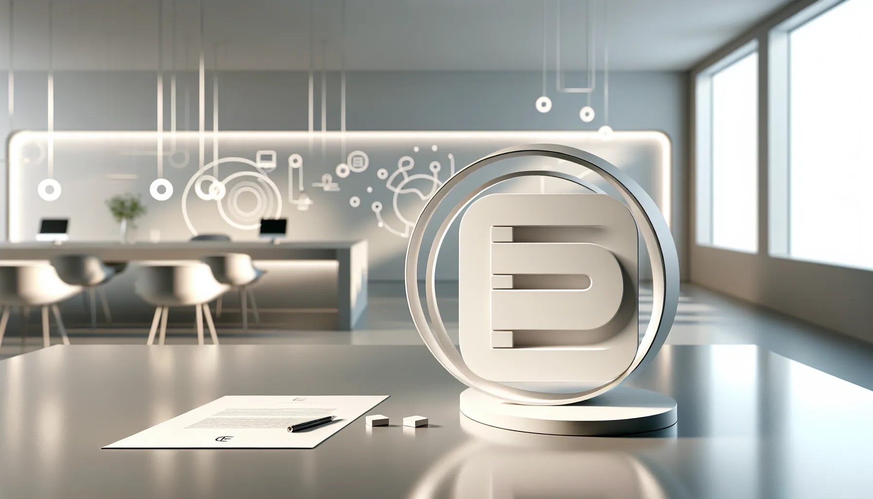 Lazada's white logo displayed in a modern, minimal workspace.