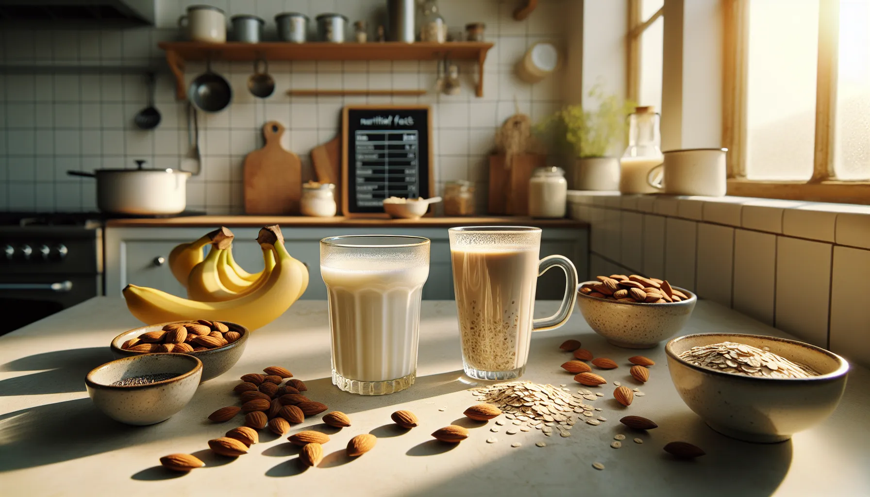 two glasses of almond and oat milk on a kitchen countertop.