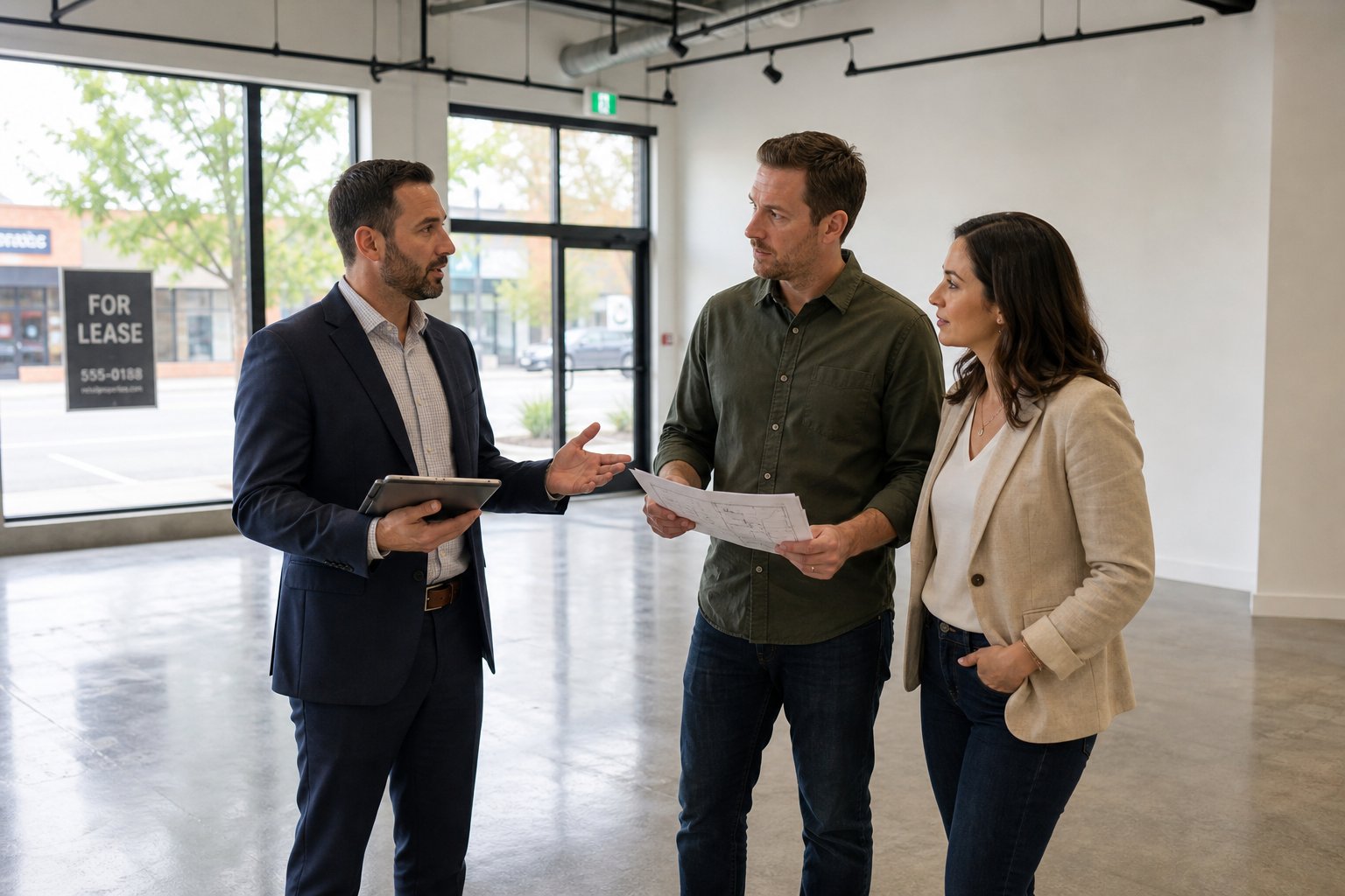 Business partners and adviser discussing financing inside an empty retail unit with natural light.
