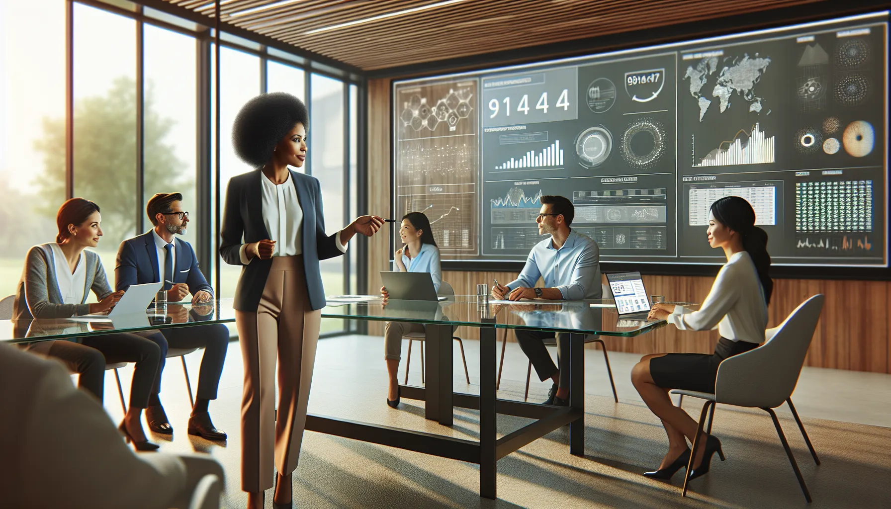 diverse team analyzing data in a modern office setting.