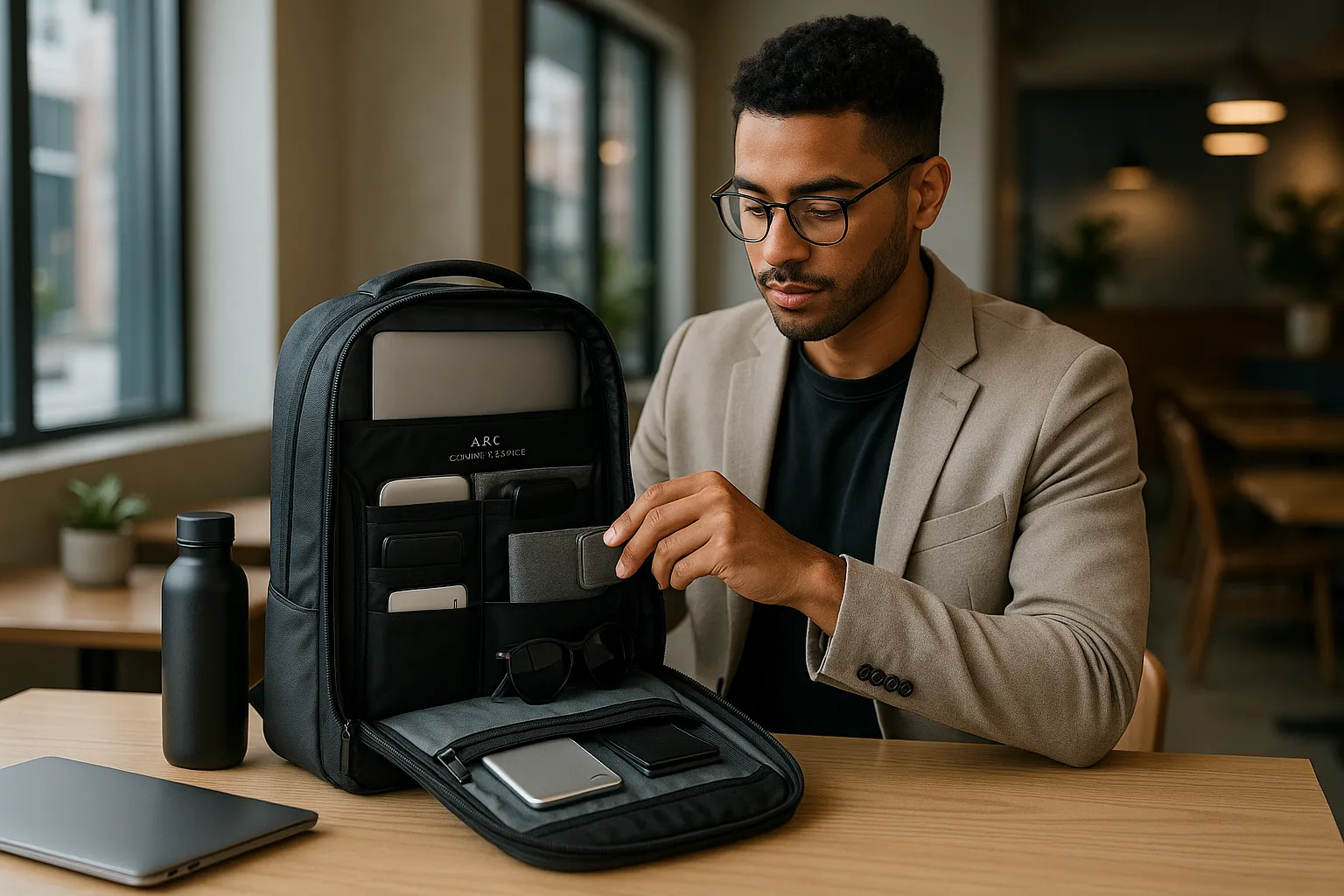 Remote worker organizing tech gear into a modern, stylish backpack.