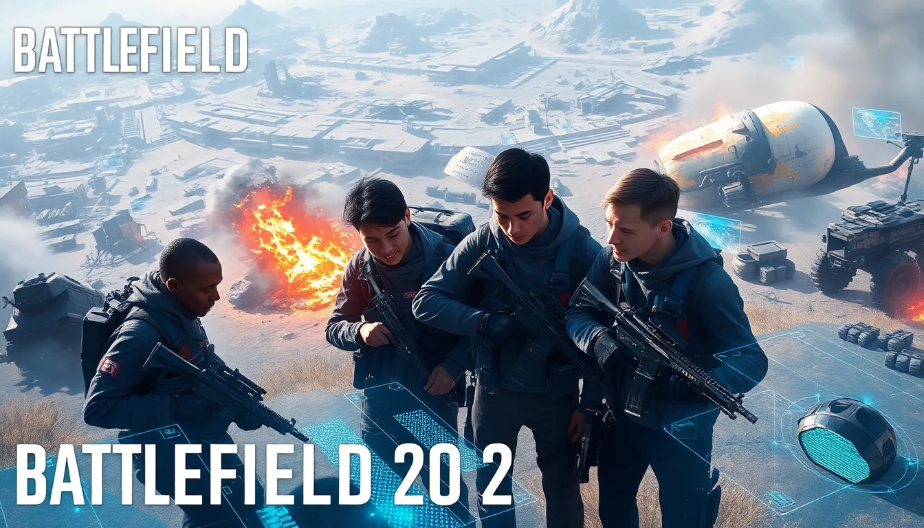 diverse players strategizing in a futuristic battlefield.