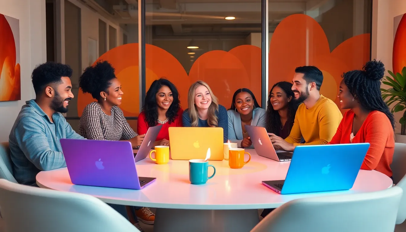 diverse group sharing stories in a modern workspace.