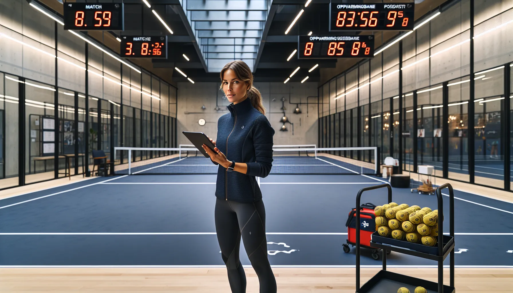 Organizer inspects norwegian padel venue with courts, equipment, and weather plan.