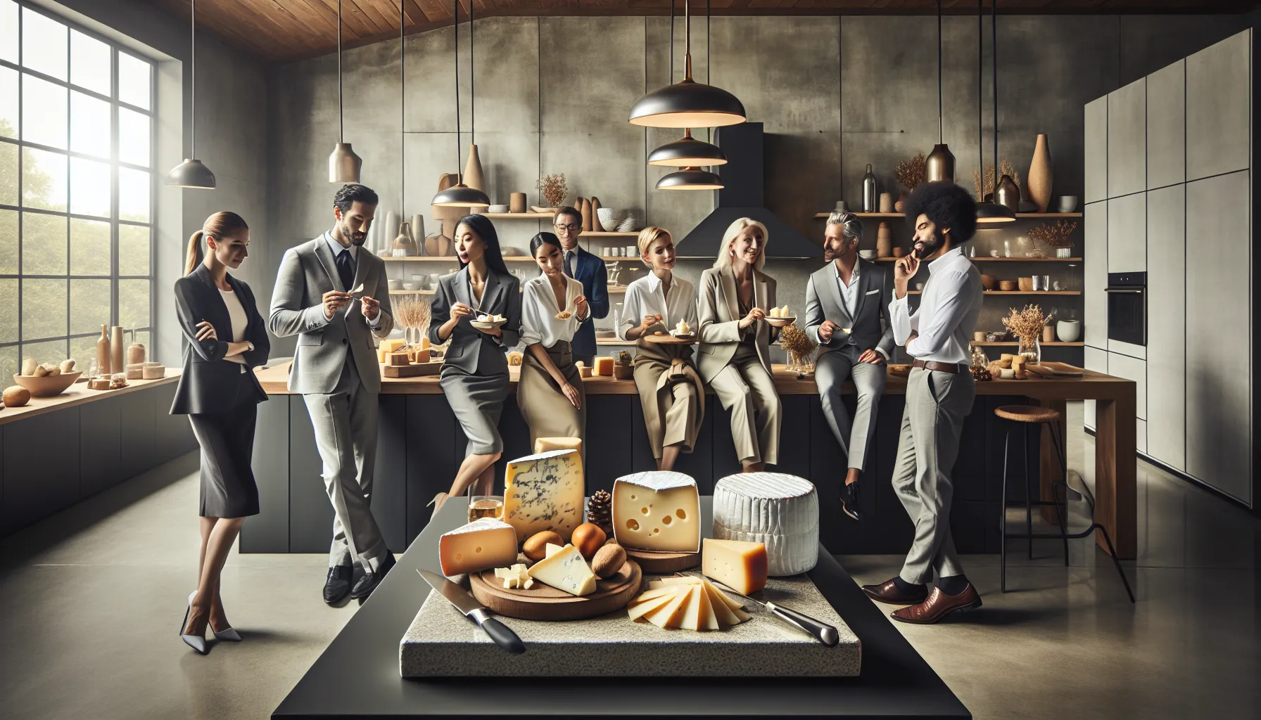 professionals discussing cheese in a modern kitchen setting.