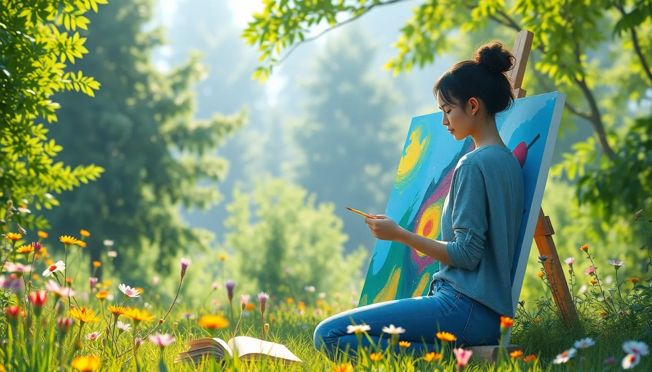 Young artist creating in a nature-filled, serene outdoor setting.