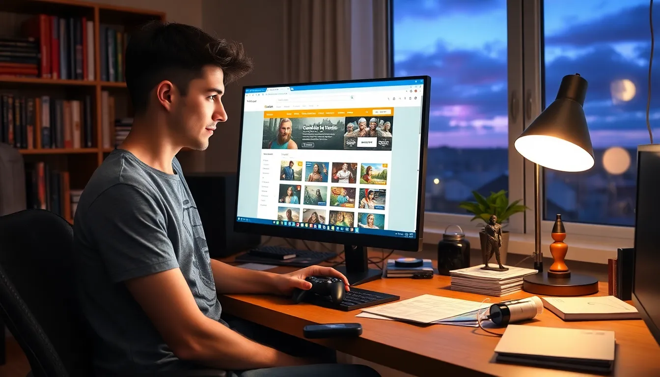 a gamer creating characters on CK2Generator in a cozy home office.