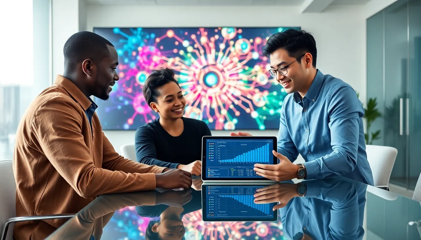 diverse team discussing artificial intelligence in a modern office.