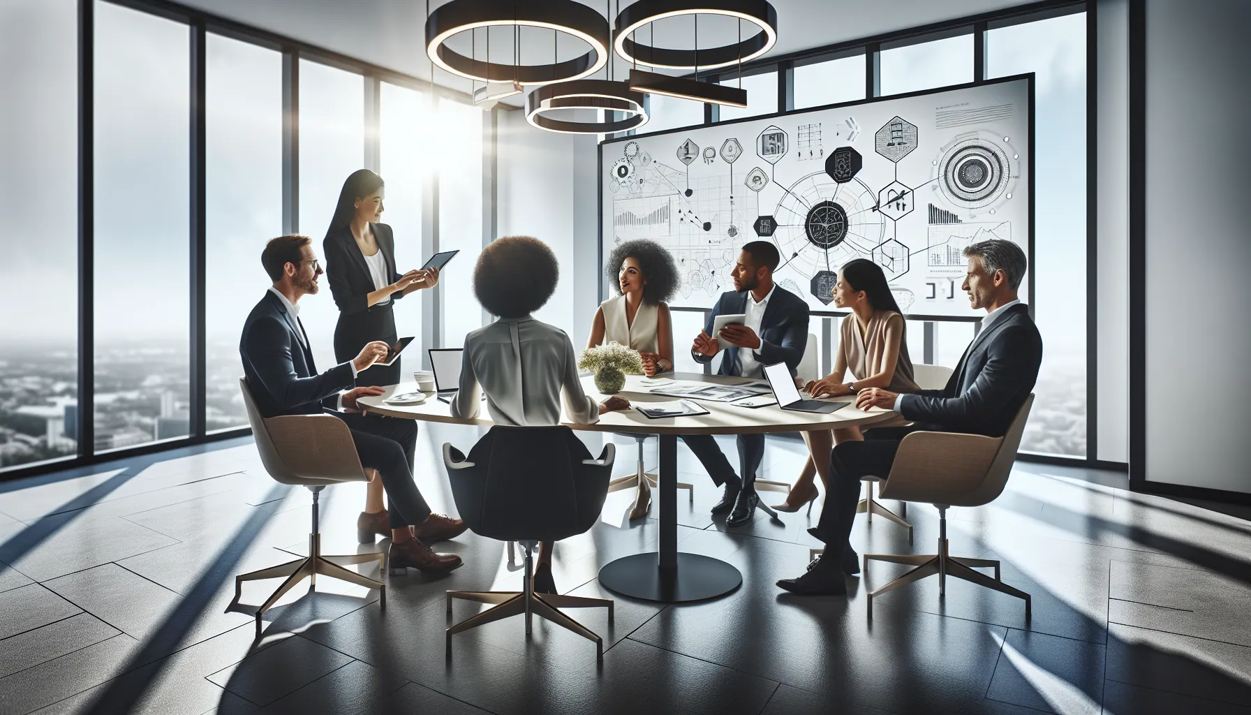 diverse professionals collaborating in a modern office setting.