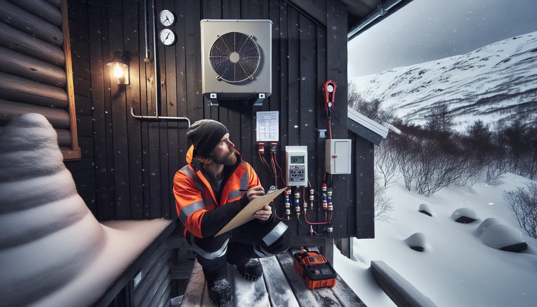 Hvordan velge riktig varmepumpe for fritidsboligen din 2 Installer measures elevated heat pump at snowy norwegian cabin for safe drainage and wind shelter.