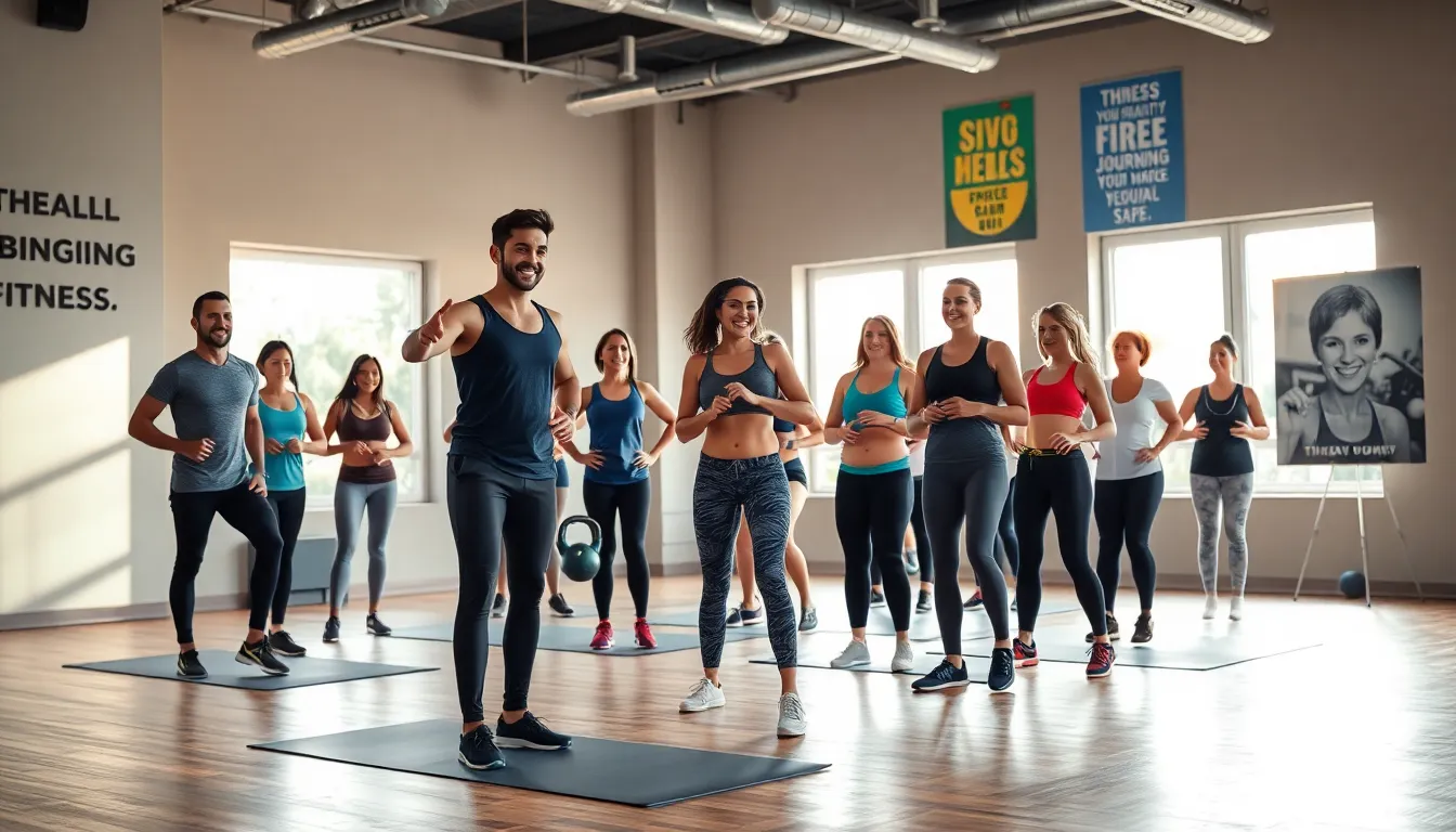 diverse fitness enthusiasts engaging in workouts in a bright studio.