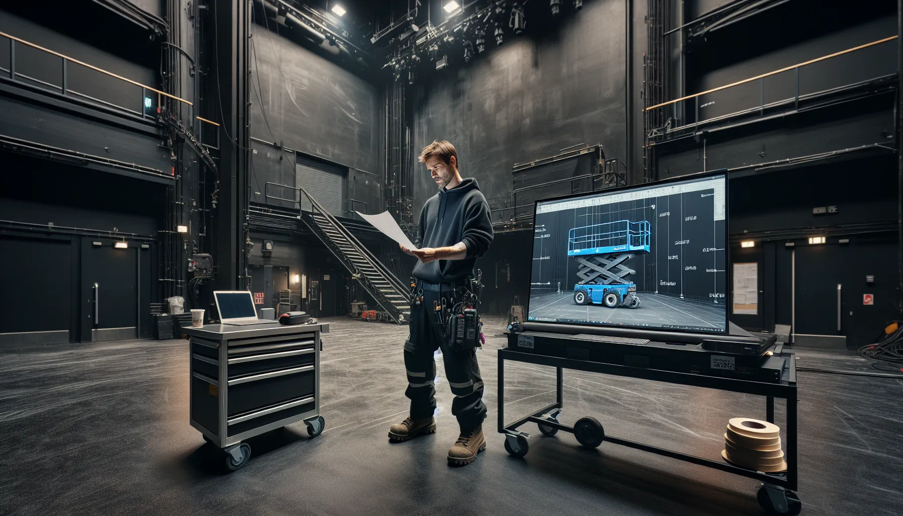 Stage technician in a norwegian theatre planning scissor lift use with cad drawing.