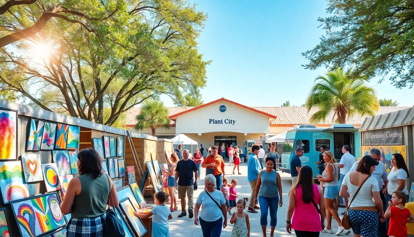 a bustling arts festival in Plant City with diverse artists and attendees.