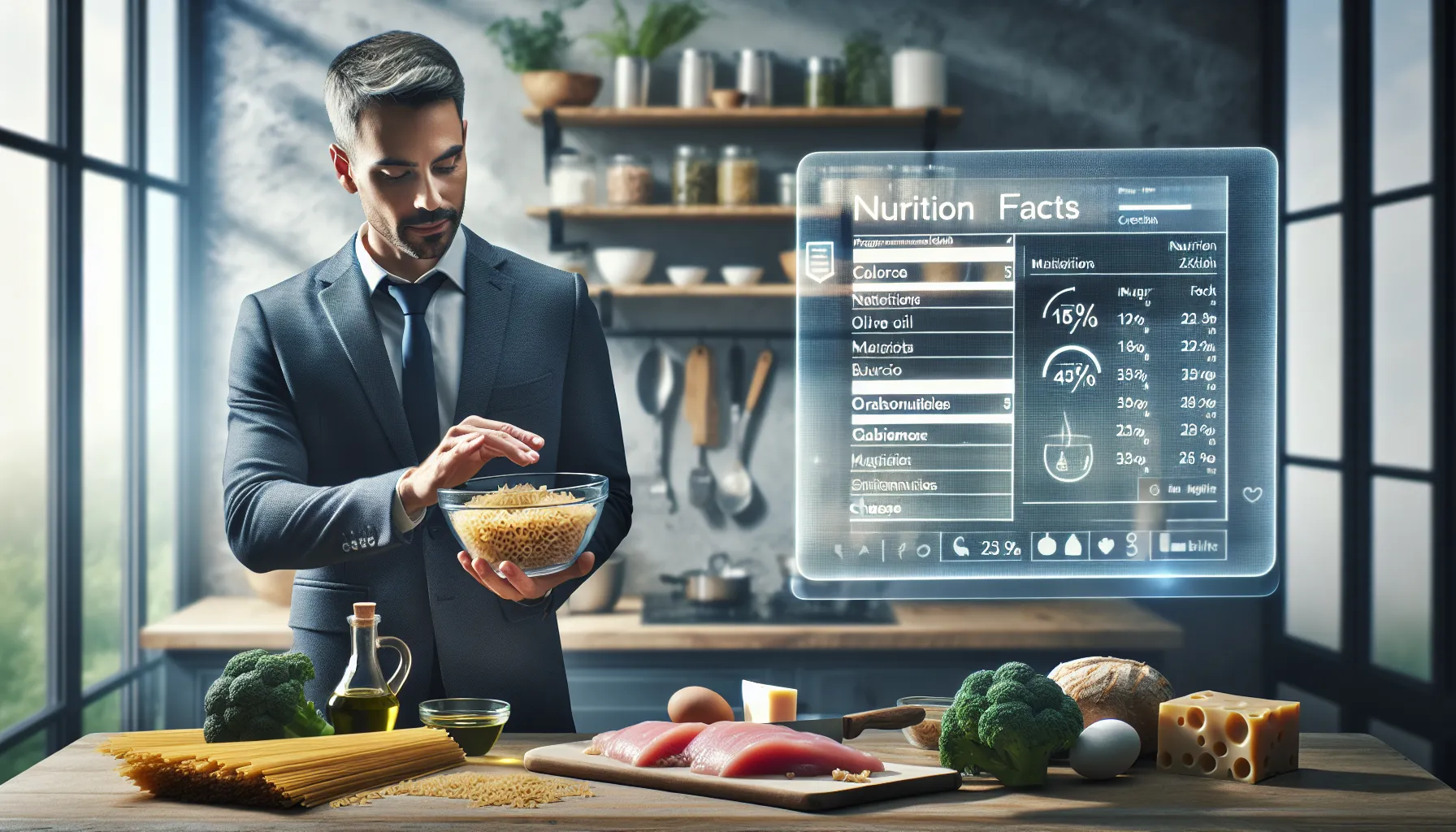 Nutritionist holding whole grain pasta beside a nutrition facts tablet.