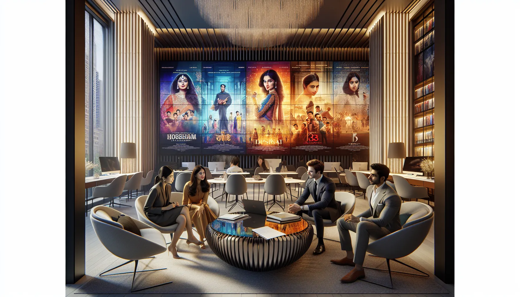 Afilmyhit.com Bollywood Movies: Your Ultimate Streaming Guide 8 diverse group discussing Bollywood movies in a modern office.