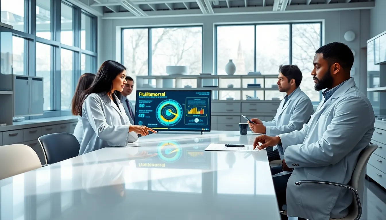 diverse scientists discussing ficulitotemporal concepts in a modern lab.