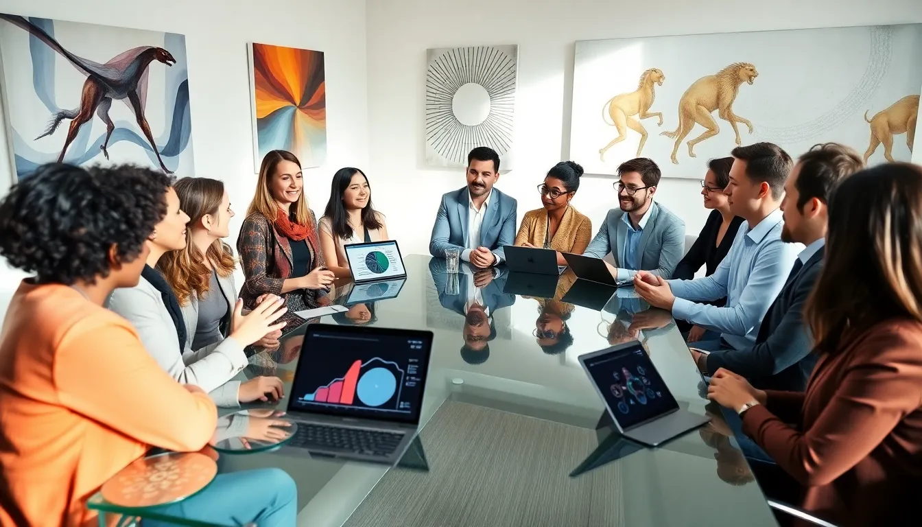 professionals discussing the concept of Дштлекуу in a modern office.
