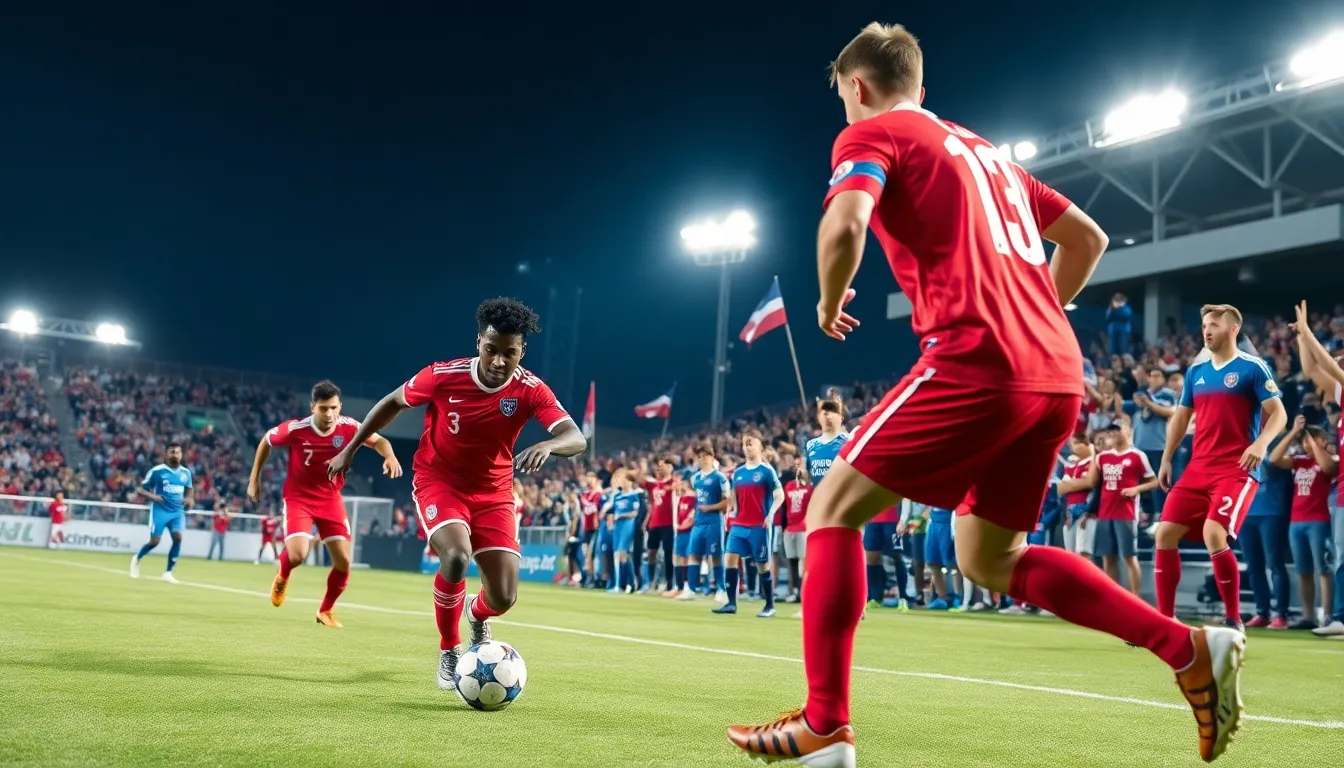 a thrilling football match between two rival teams in a stadium at night.