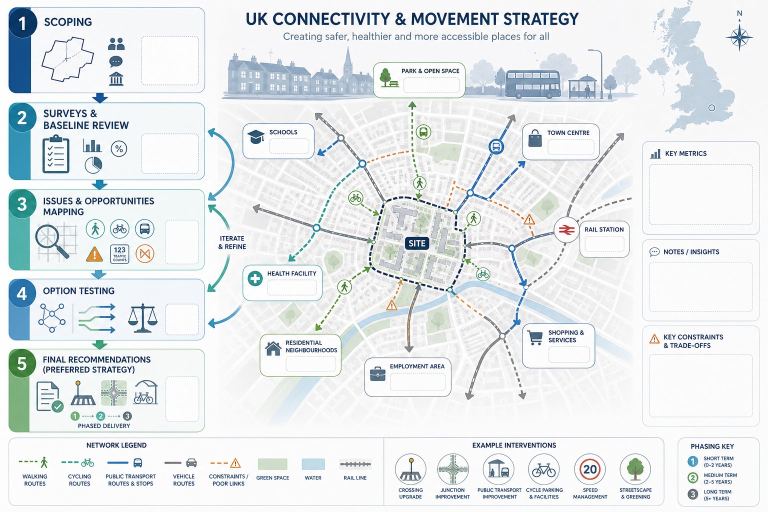 Infographic showing stages of a connectivity and movement strategy process.