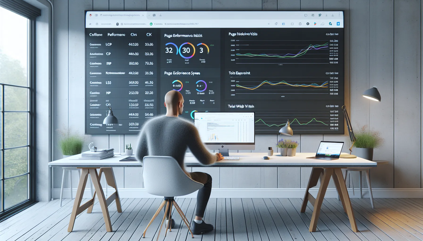 Norwegian seo specialist analyzing website load speed and core web vitals on screen.