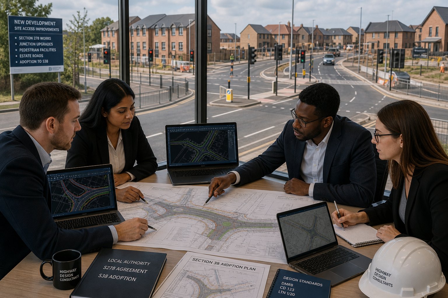 Highway design consultants reviewing UK road and estate adoption plans.
