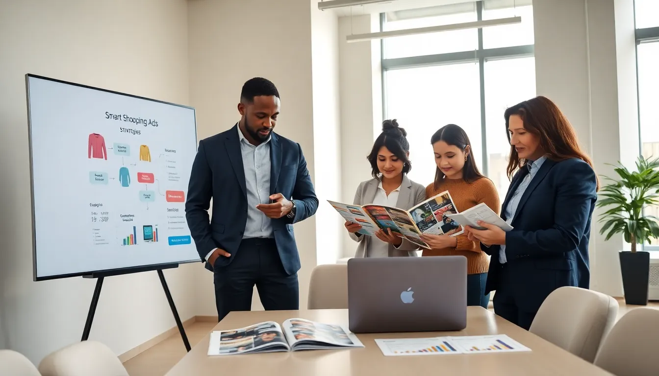 team discussing Smart Shopping Ads strategies in a modern office.