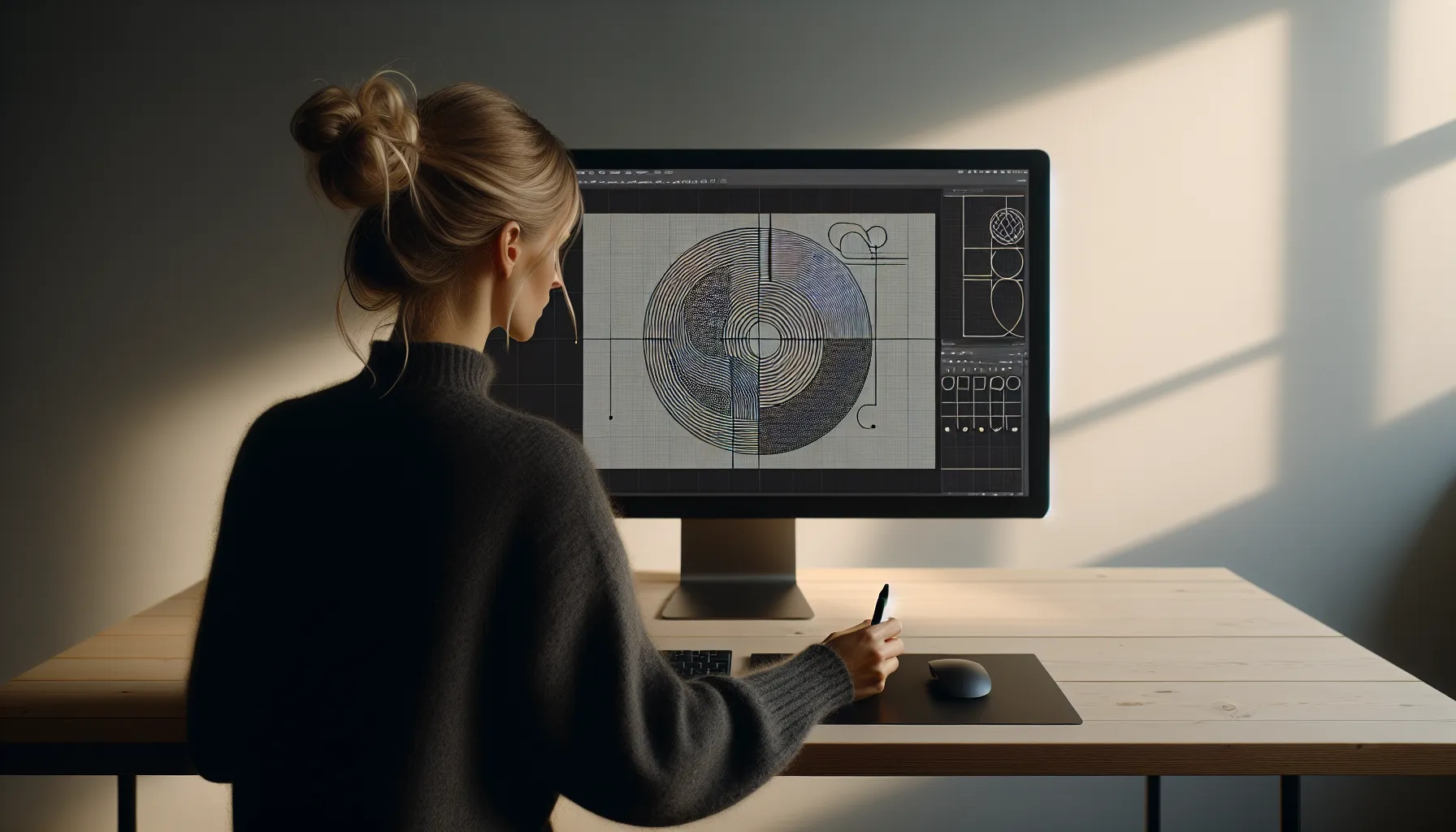 Designer refining a logo on screen with square, circular, and golden grids.