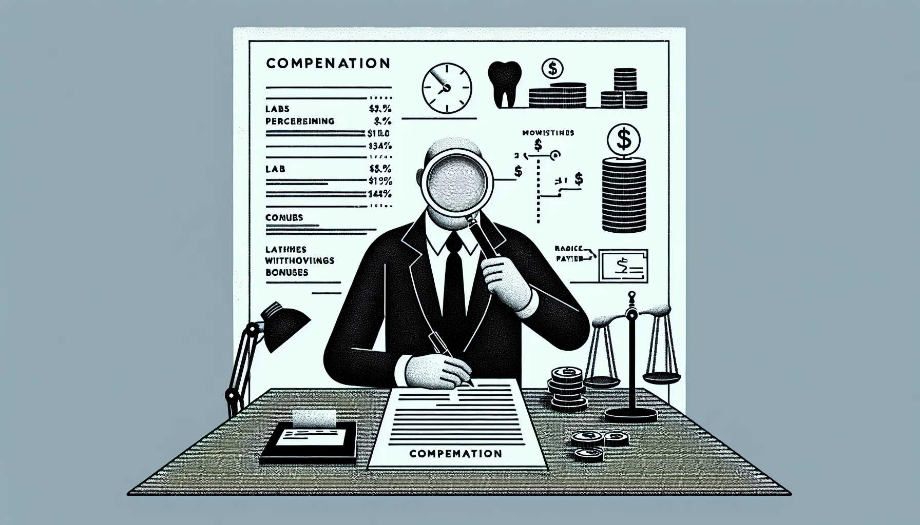 Dentist reviewing a compensation contract with magnifying glass and payment icons.