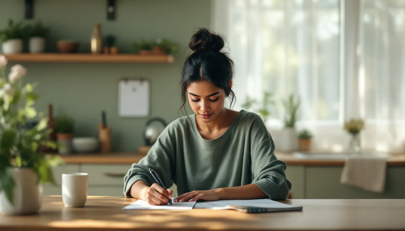 Woman calmly writing a decision on paper at a sunlit kitchen table.