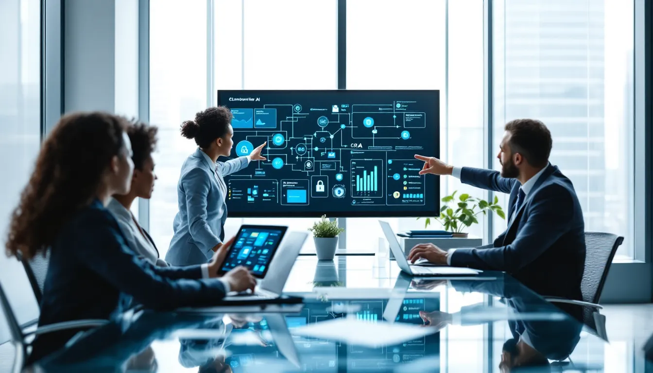 Business team collaborating on AI customer experience implementation in modern office setting.