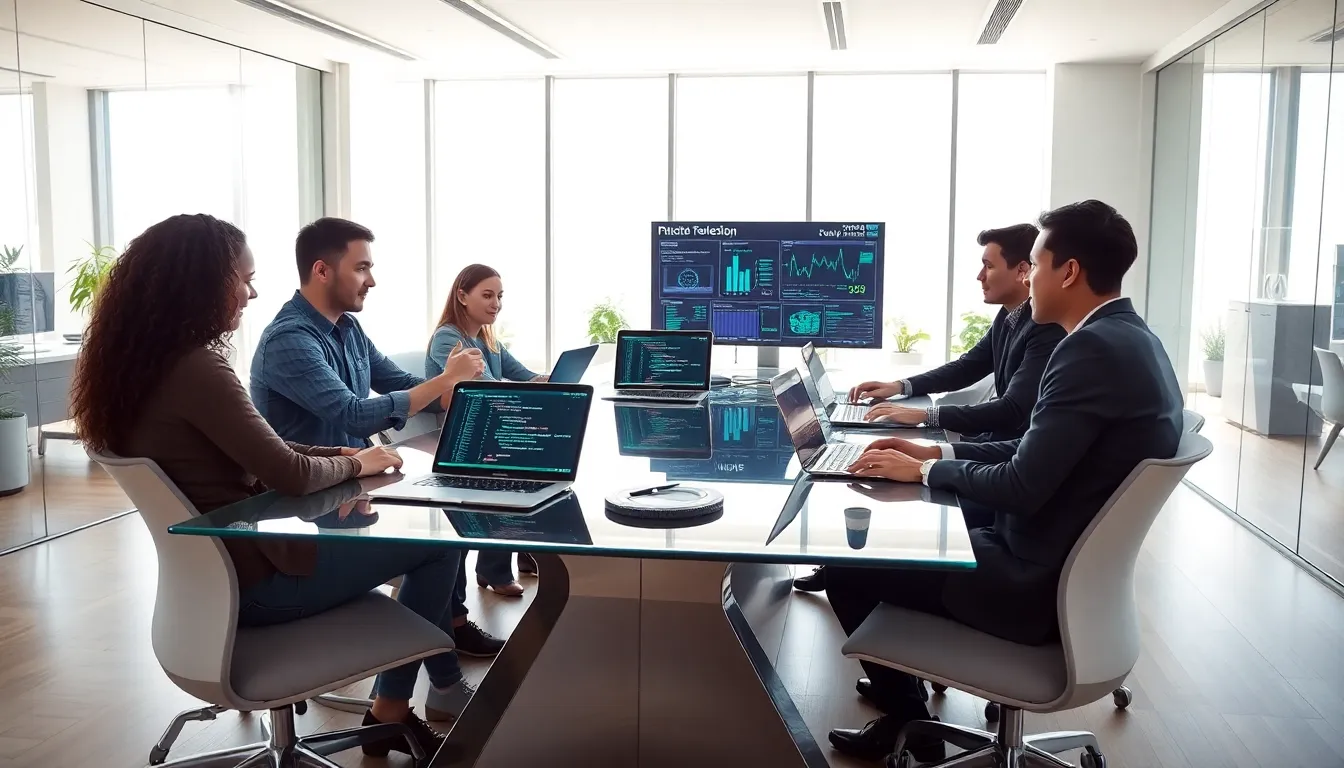 diverse IT team collaborating in a modern office setting.