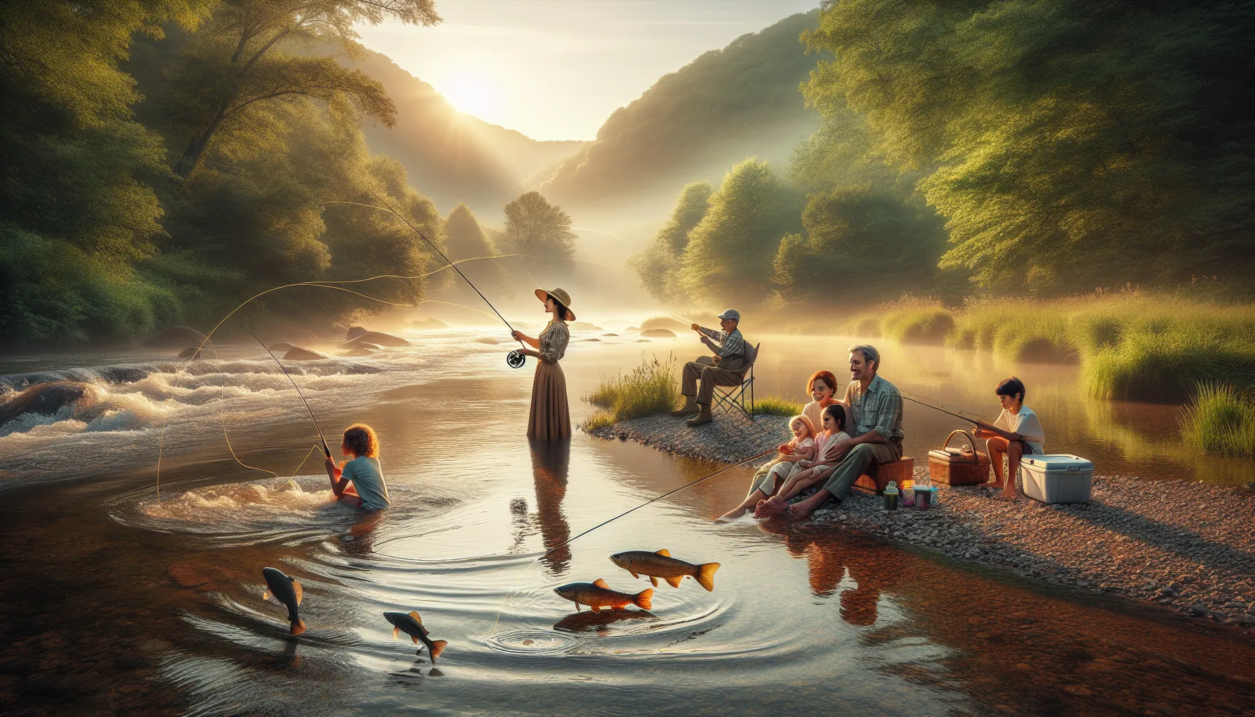 A fly fisher and a family bait fishing by a riverbank on a sunny morning.