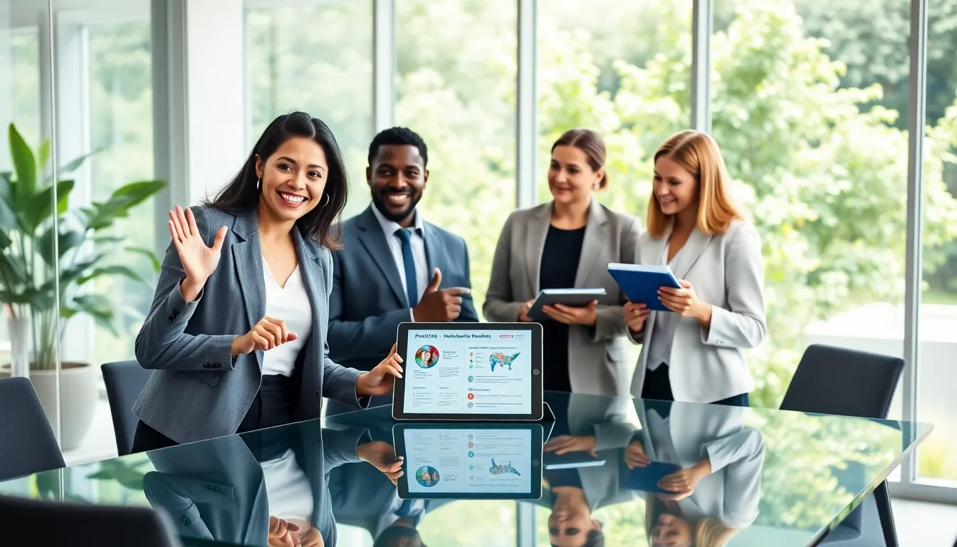 professionals discussing exercise benefits in a modern office setting.
