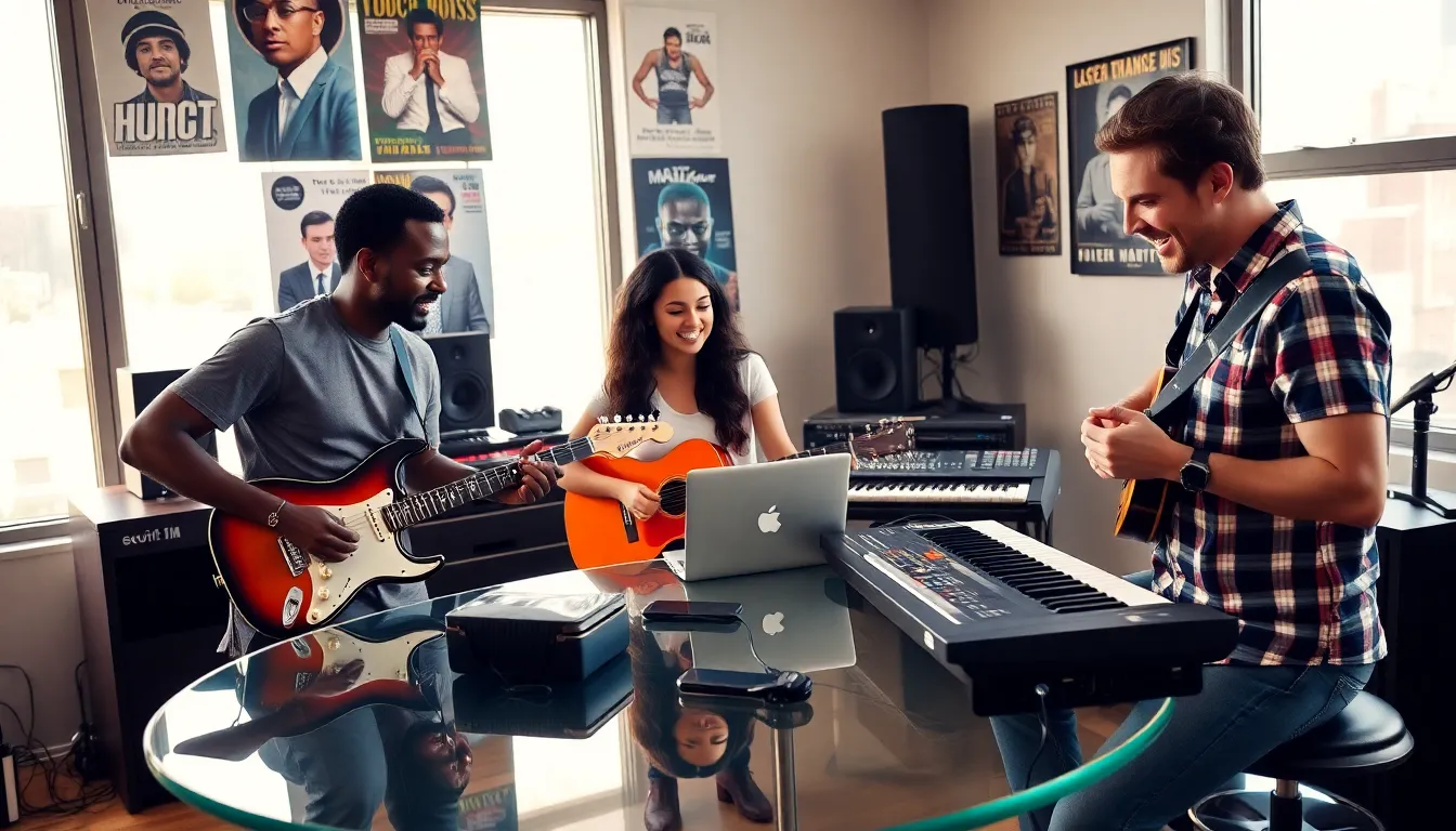diverse musicians collaborating in a modern music studio.