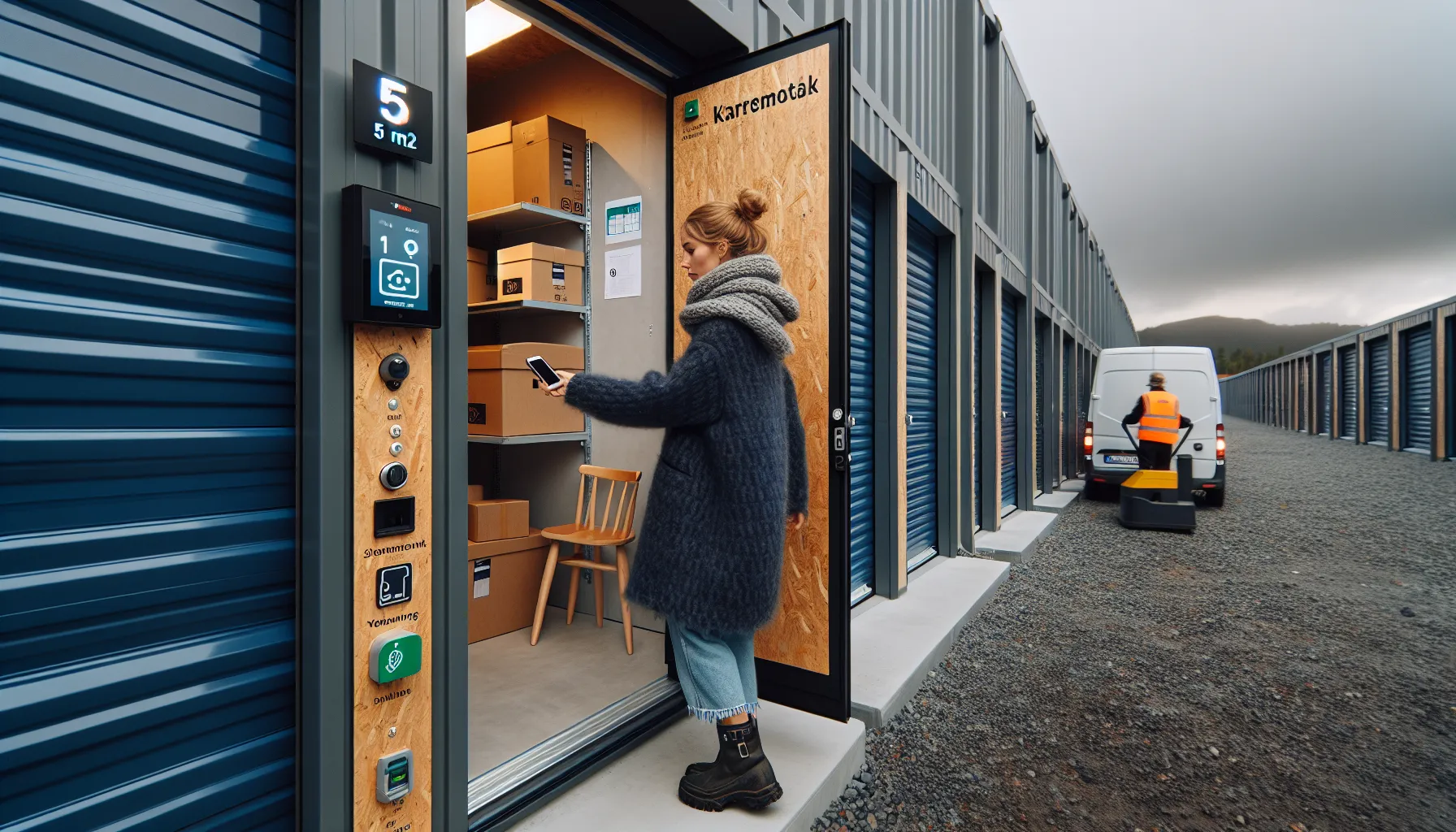 Woman uses app to access oslo self-storage; containers and warehouse nearby.