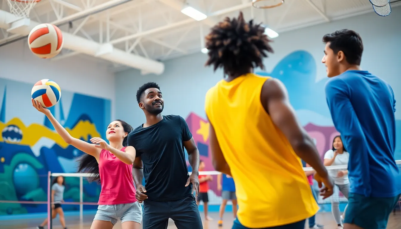 diverse group playing various indoor sports in a modern gym.